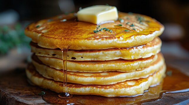 Golden stack of fluffy pancakes topped with butter and syrup.