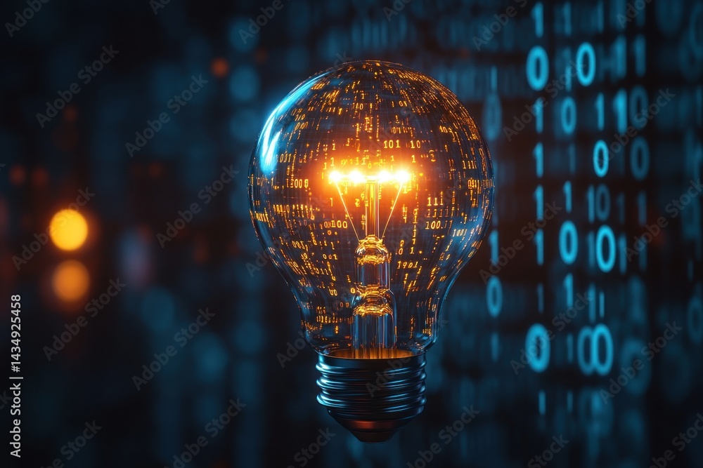 Poster illuminated lightbulb showcasing digital code and innovation.