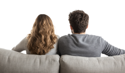 Couple sitting on couch, back view on transparent background