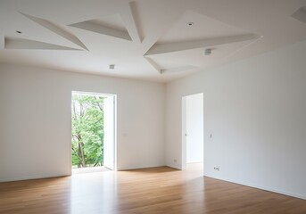 Fototapeta premium Bright empty room with hardwood floor and geometric ceiling design and open door to green trees view