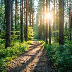 Obraz premium A serene forest path illuminated by sunlight filtering through tall trees, creating a peaceful and inviting atmosphere.