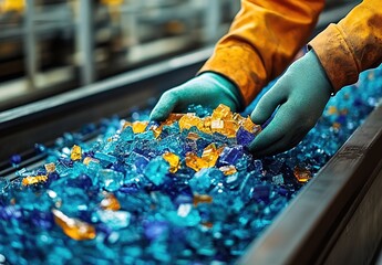 A factory scene with workers wearing orange uniforms and blue gloves sorting colorful glass shards in blue, purple, and orange, with industrial equipment in the background.