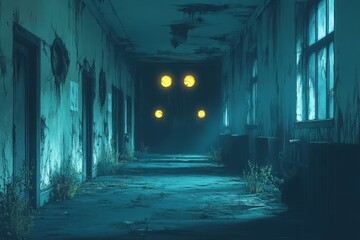 Spooky abandoned hospital corridor, eerie lights, game background