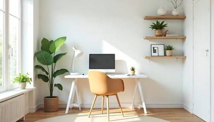 A modern home office with a white desk, wooden chair, and decorative plants and vases on the shelves, Bohemian home office interior, Created with generative ai