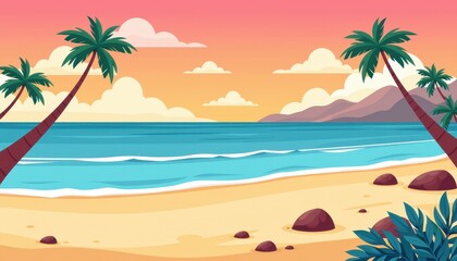 Obraz premium Serene Tropical Beach Sunset Palm Trees Frame Ocean Waves on Sandy Shore