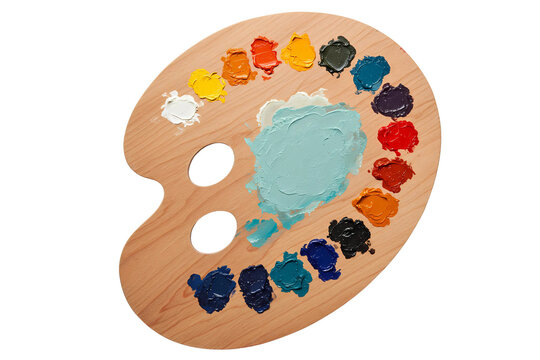 Wooden artist s palette with samples of paints isolated on transparent background png