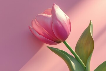 Fototapeta premium Realistic 3D pink tulip with smooth petals and vibrant green stem, captured against a clean pastel pink background, ideal for digital assets.