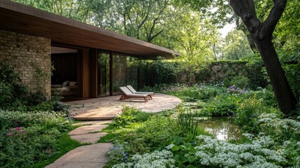 A serene garden landscape featuring a modern home, stone pathway, lounge chair, and vibrant greenery with a tranquil pond.