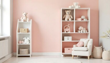 pastel-colored nursery with a white toy shelf filled with toys and decor, a teddy bear on the shelf, created with generative ai 