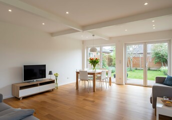Fototapeta premium Bright living room with wooden floor tv and dining table near sliding glass doors to the garden