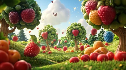 Colorful fruit trees in a whimsical, idyllic landscape.