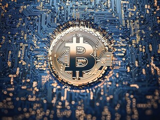 Golden Bitcoin logo centered on detailed circuit board illustration with visible transistors and circuitry, set against a dark blue background symbolizing digital finance and blockchain technology.