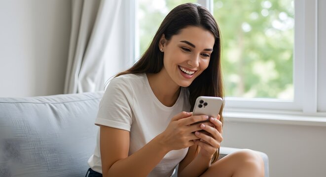 Woman smiling using mobile phone at home enjoying online content and social media interaction today