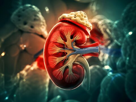 Human Kidney with Renal Cell Carcinoma Tumor 3D Medical Illustration