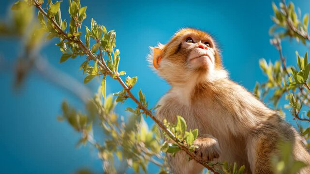 Barbary macaque monkey peers upward from branches against vibrant clear sky