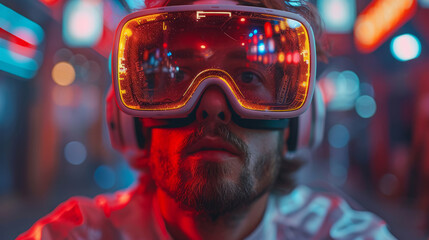 Person experiencing excitement in virtual reality against neon lights  