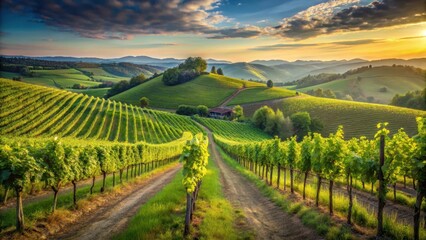 Naklejka premium Rolling hills of a European vineyard with lush greenery and grapevines stretching towards the horizon , rustic scenery, vineyard landscape