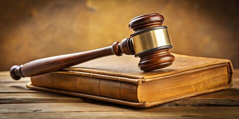 A ceremonial gavel rests atop an open book with a leather-bound cover and yellowed pages, symbolizing authority and law enforcement in a historical setting , control, order