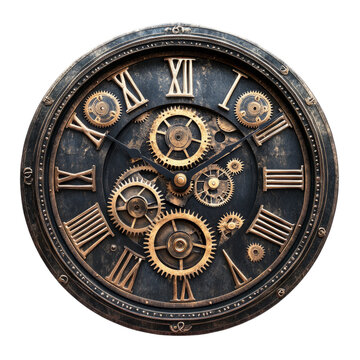 Vintage steampunk clock with exposed gears and Roman numerals	
