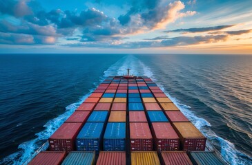 Cargo Ship with Containers Sailing at Sea During a Peaceful Sunset