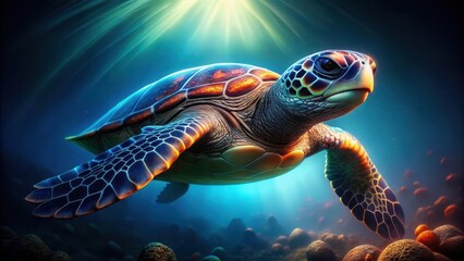 Fototapeta premium Colorful animated turtle with glowing eyes and shell
