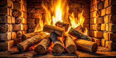 Warm glow of fireplace with stacked wood briquettes and logs , heat, fireplace,  heat, fireplace