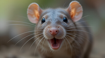Close up of a rat looking at the camera with its mouth open