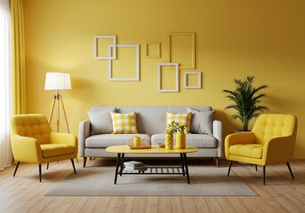 A living room with yellow walls and furniture including a sofa chairs and a coffee table on a rug