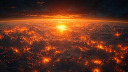 Fototapeta premium Fiery clouds blanket the world at sunrise.