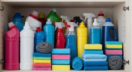 Organized Cleaning Supplies in a Cabinet: A Colorful Collection of Bottles, Sponges, and Cleaning Tools