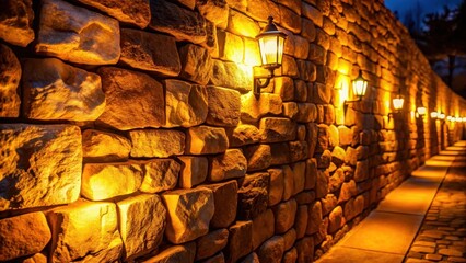 Fototapeta premium Old stone wall at night with warm lighting creating a cozy ambiance and highlighting the texture of the brick, old, lighting, old