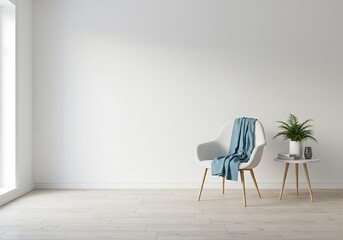A bright interior with a white chair draped with a blue throw and a plant on a side table near the wall