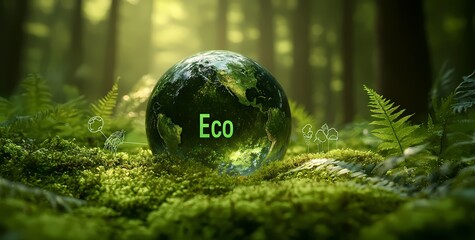 Eco friendly Nature of planet Earth Evergreen concept,  Moss Landscape, and Renewable Energy and High technology Icons for Eco-Friendly Branding