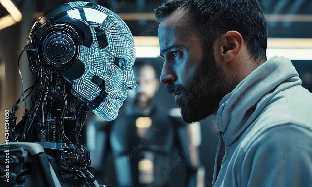 Aufkleber a tense confrontation between a human and a humanoid robot in a futuristic lab setting
