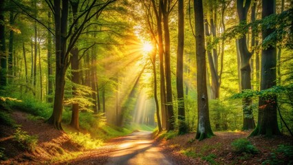 Obraz premium Golden light filters through leaves of tall trees creating a warm and peaceful atmosphere on a winding forest path surrounded by greenery, natural beauty, leafy canopy