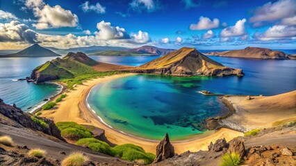Fototapeta premium Beautiful panoramic view of Bartolome Island with clear blue waters, secluded beach