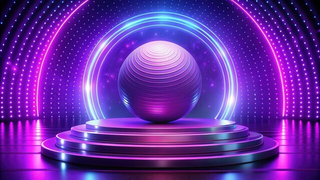 Vibrant purple sphere perched atop a raised podium stage bathed in radiant neon lights with intricate patterns and subtle shading effects, ambient, interior