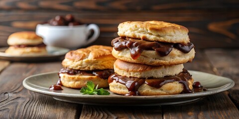Flaky biscuits piled high on a plate, topped with a rich, dark gravy made from savory sausage , morning, sausage,  morning