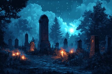 Fototapeta premium Night Cemetery, moonlit graves, mystical atmosphere, Halloween backdrop