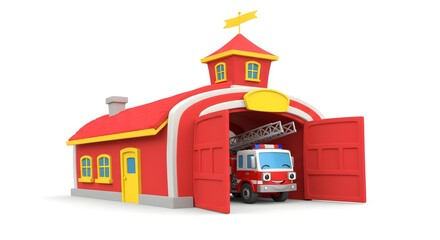 Cartoon fire station with truck illustration for kids educational resources and learning materials design