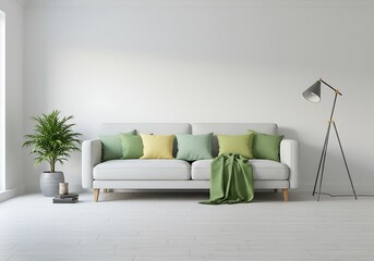 Obraz premium A bright living room with a white sofa, green and yellow pillows, and a floor lamp in the corner
