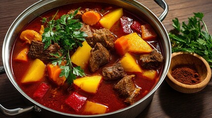 Hearty beef stew simmering in a large metal pot.