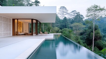 Fototapeta premium Modern luxury villa with infinity pool overlooking lush jungle
