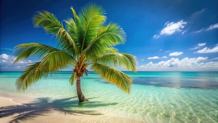Palm tree with crystal clear turquoise water in the background and warm golden sand, palm tree, serene