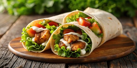 Juicy BBQ chicken wrapped in a crispy flour tortilla with fresh lettuce leaves and creamy sauce spills out , crispy tortilla, creamy sauce
