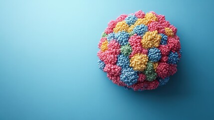 Colorful spherical structure with multi-hued components on light azure background.