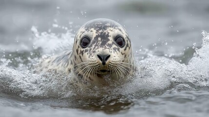 Obraz premium Close-up of a harbor seal emerging from water.