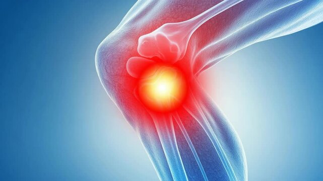 Knee Pain: A vivid depiction of a human knee afflicted by intense pain, highlighting the intricate skeletal structure and the inflammation's impact with realistic rendering.