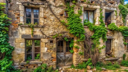 Weathered stone walls and broken windows on a dilapidated building with crumbling facade, overgrown with vines and moss , old building, neglect