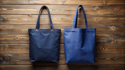 Two stylish tote bags in dark blue and navy blue hang side by side on a wooden table, showcasing their unique designs and colors, navy blue tote, dark blue tote
